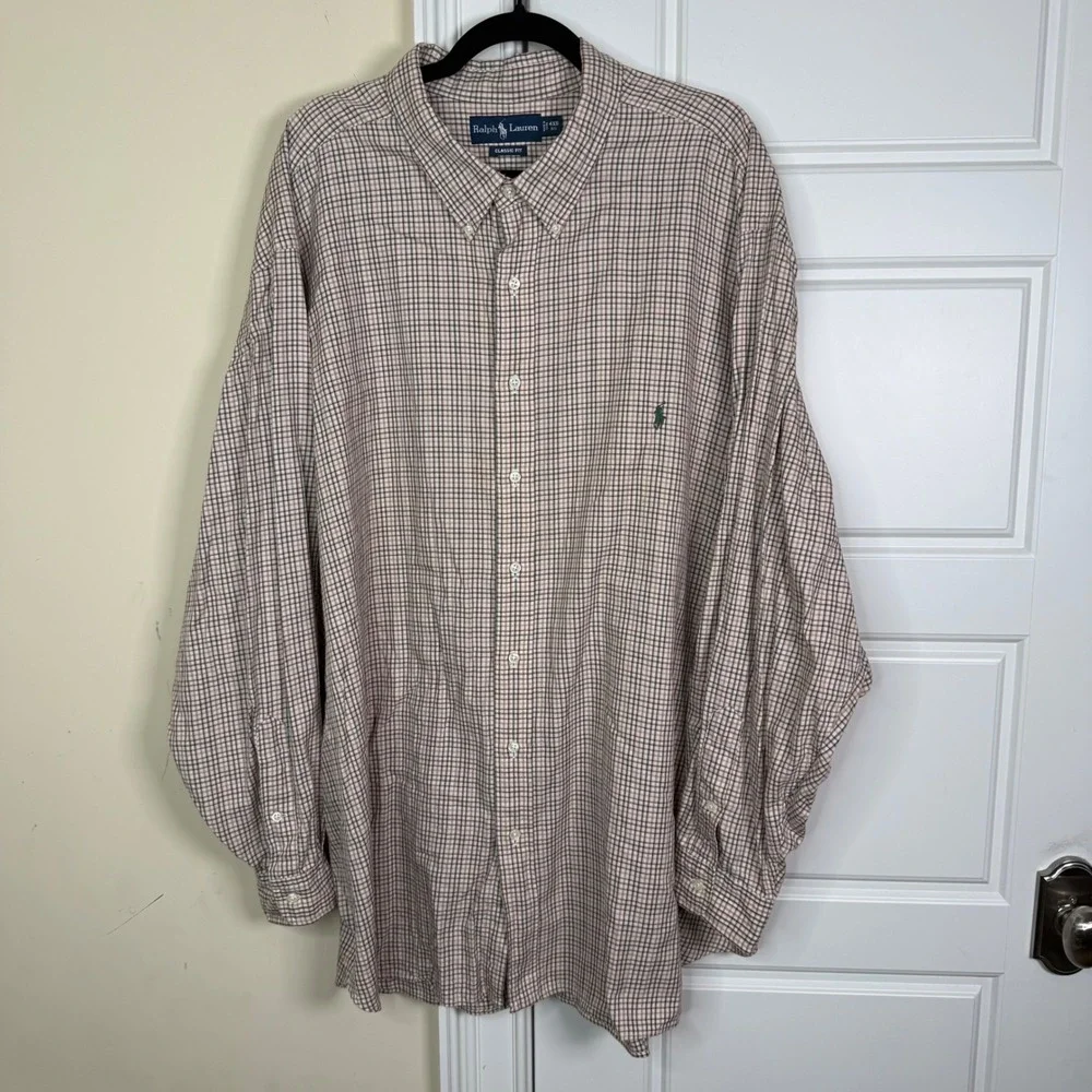 Vintage Polo Ralph Lauren Shirt Men 4XB Biege Pink Plaid Classic Fit Cotton Big